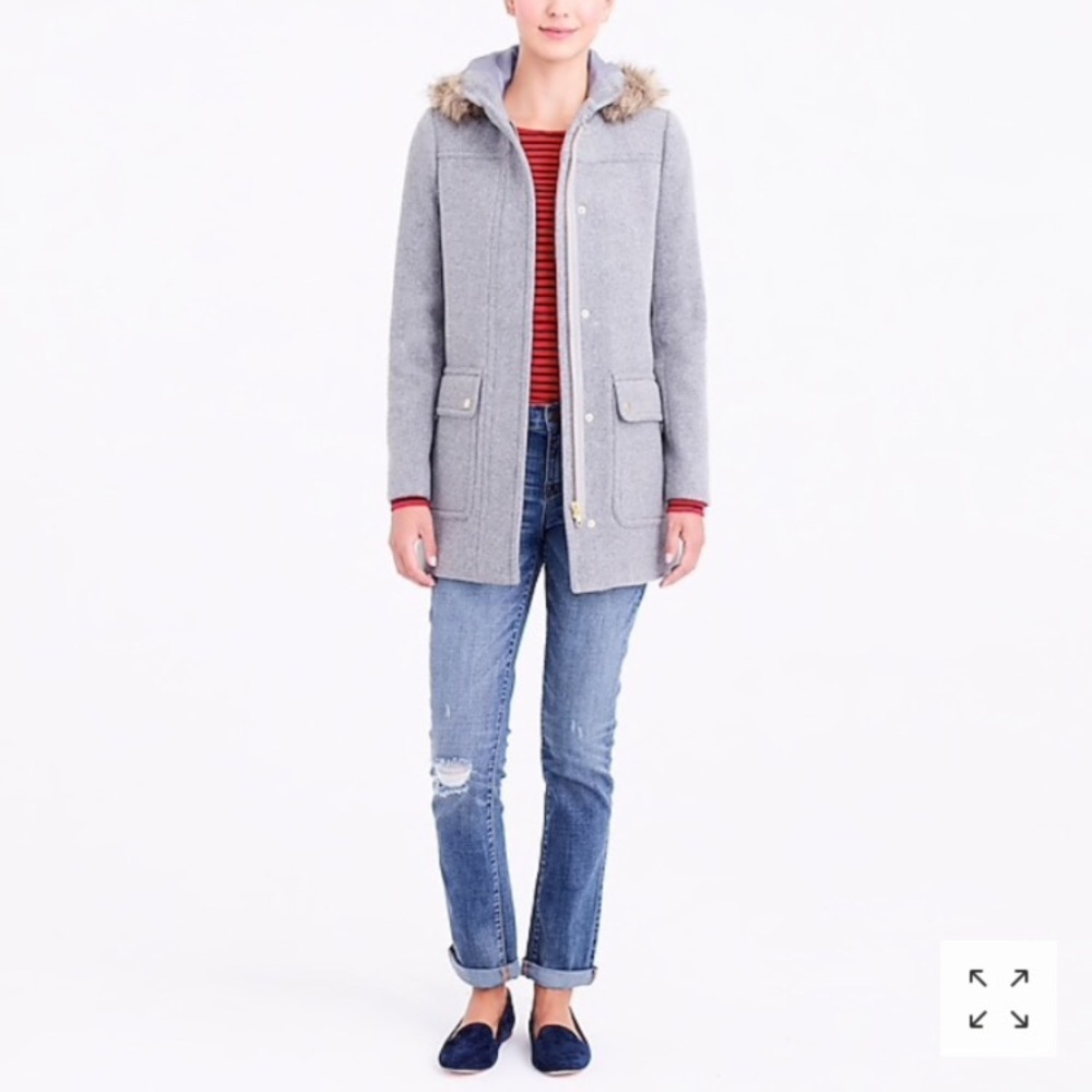 J. Crew gray coat with foe fur lined hood